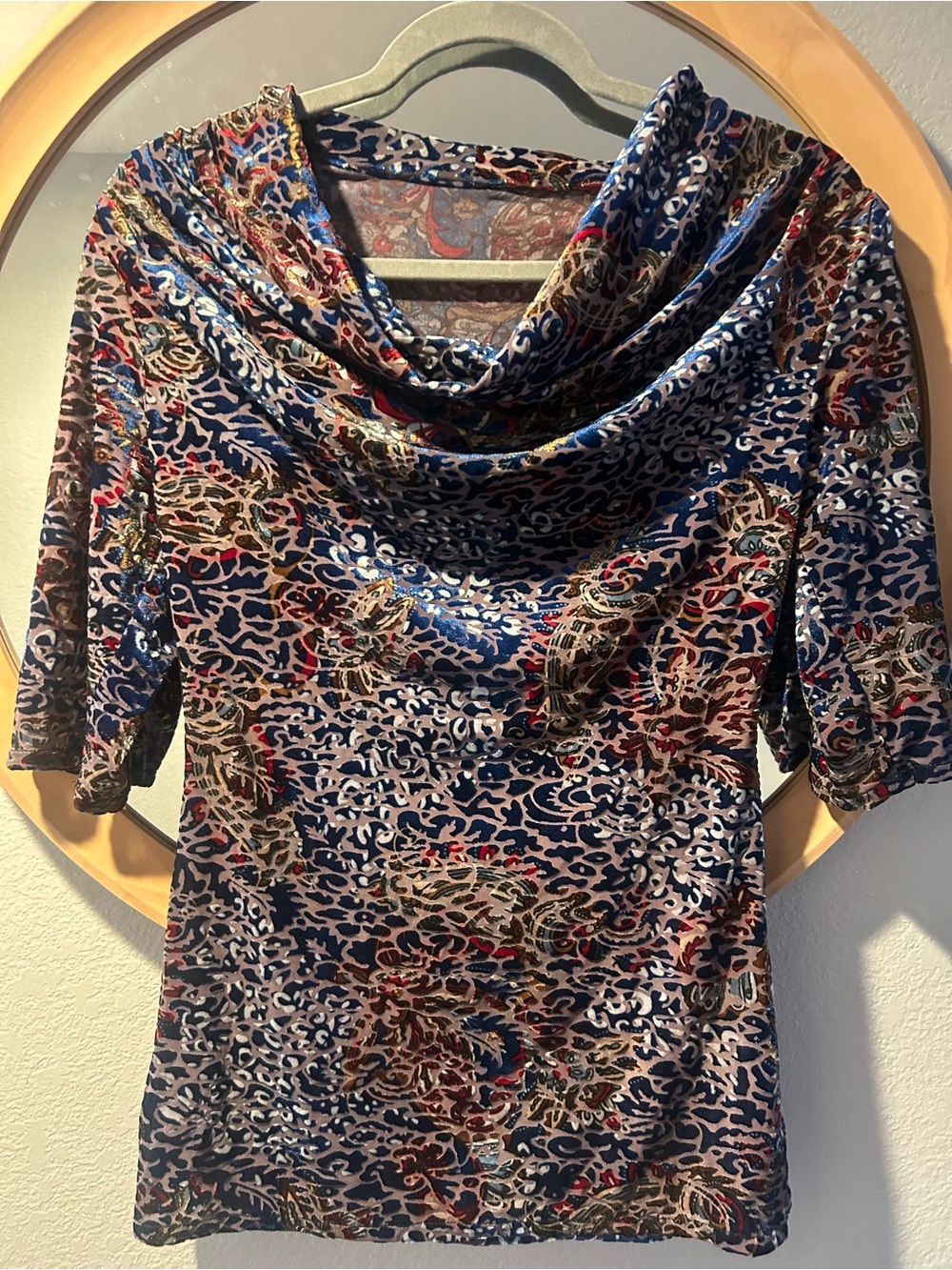 Cowl Neck Printed Top in Navy Multicolor